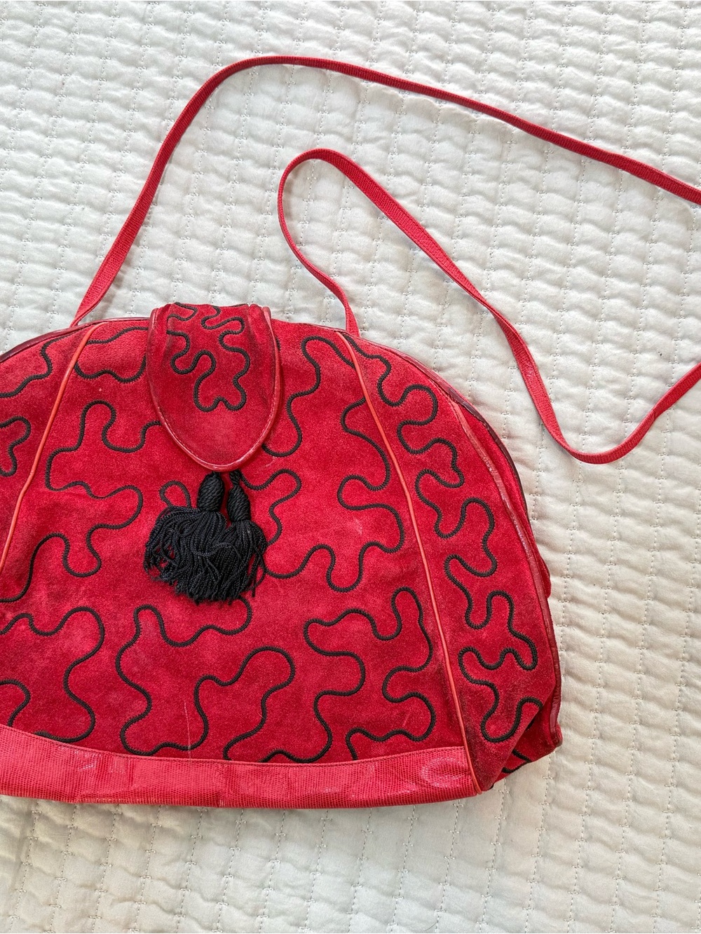Vintage Sharif Red Suede Crossbody with Black Embroidered Swirl and Tassel